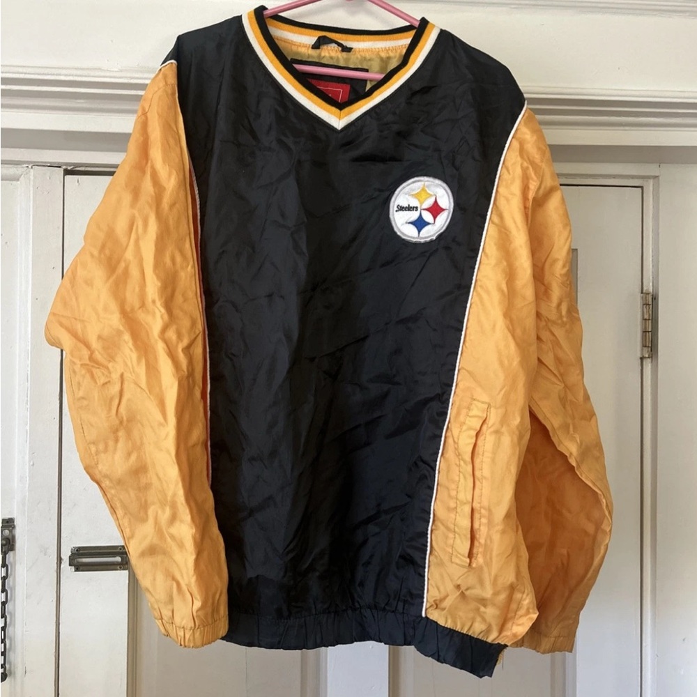 Vintage NFL Pittsburgh Steeler Pull-Over Polyester Jacket Pockets Logo Men’s L